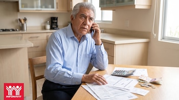 Un hombre mexicano de cabello gris y camisa azul, sentado a una mesa de madera, habla por teléfono mientras mira papeles, billetes, monedas y una calculadora. Logo Infonavit.