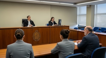 Una mujer con toga en un estrado judicial, otra mujer con computadora, dos personas sentadas de espalda, mesas de madera, sillas azules y ventanas.