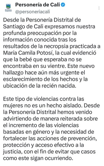 La Personería Distrital de Santiago de Cali expresó su “profunda preocupación” tras conocer los resultados de la necropsia practicada a María Camila Potosí - crédito @personeriacali/X