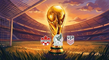 Ilustración del trofeo dorado de la Copa Mundial de la FIFA en un campo de fútbol al atardecer. Logotipos de Canadá, México y Estados Unidos flanquean el trofeo.