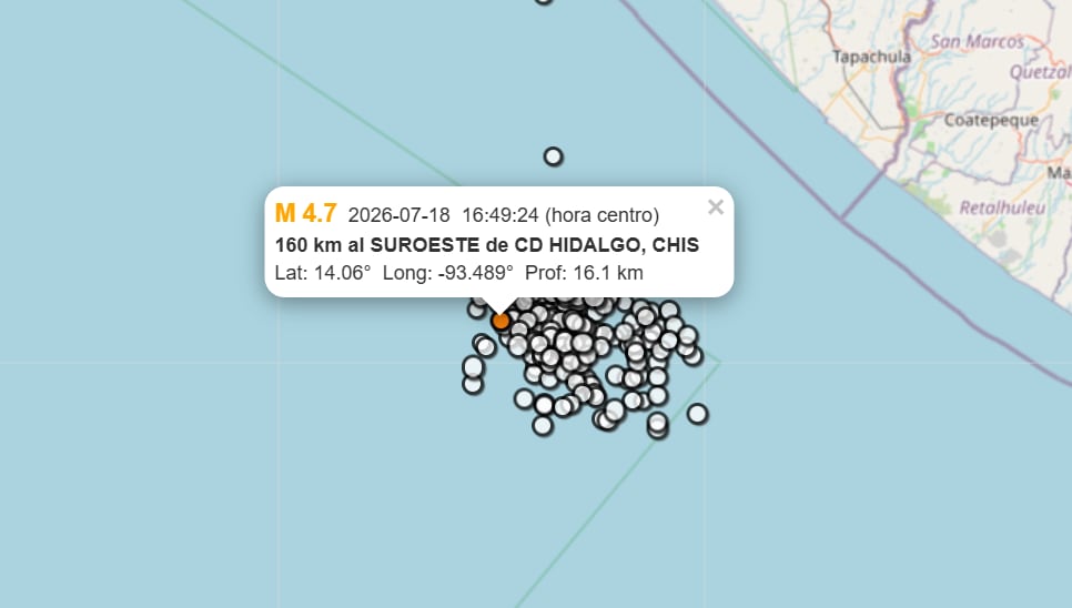 Sismo de 4.7 en Ciudad Hidalgo, Chiapas este 18 de julio. (Servicio Sismológico Nacional)