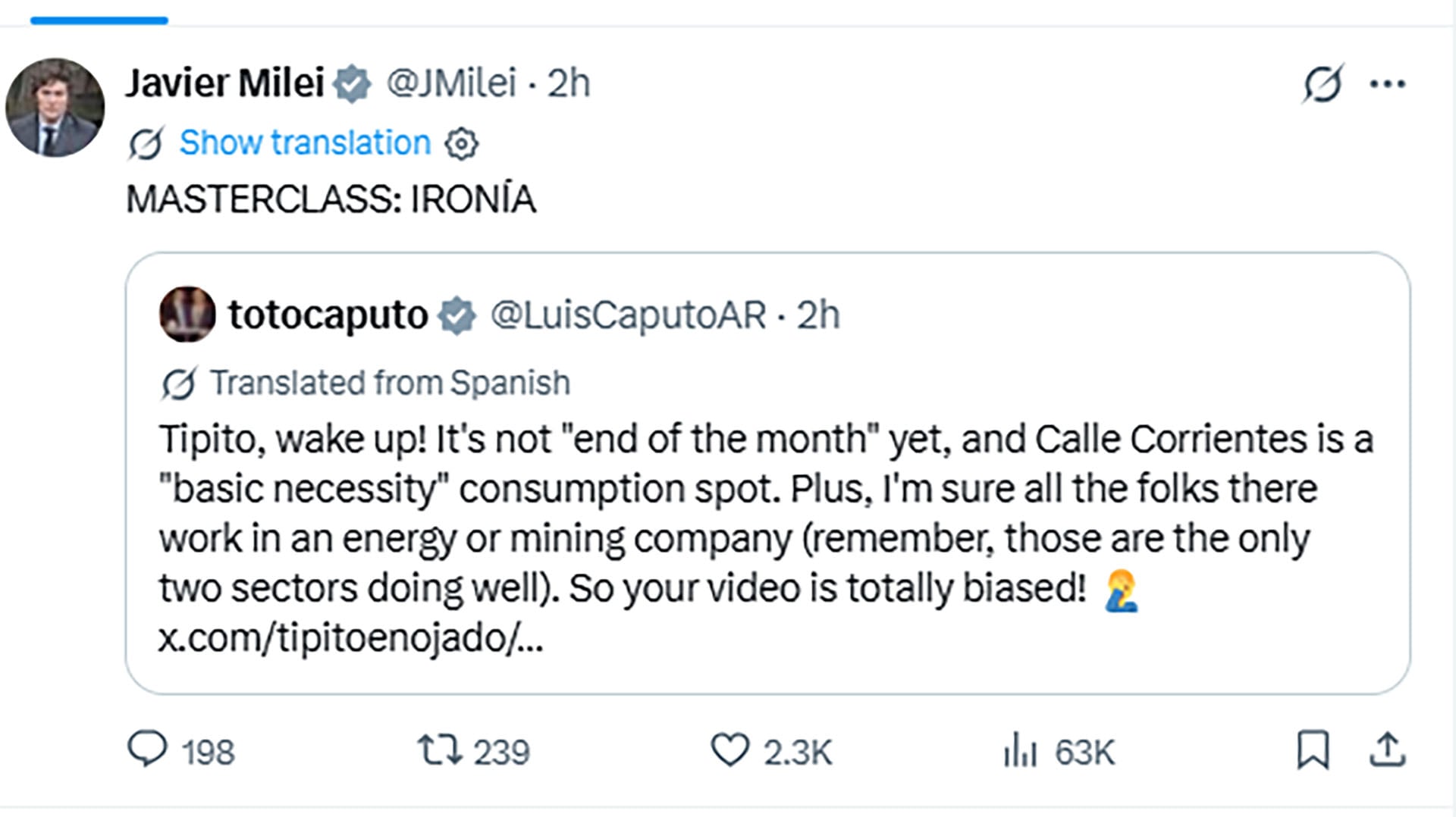 El presidente argentino Javier Milei difunde una publicación del ministro Luis Caputo sobre el consumo en la avenida Corrientes.