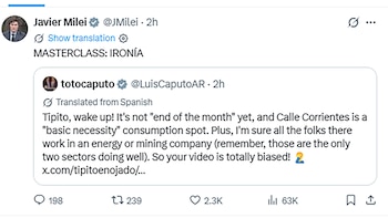 Captura de pantalla de una publicación en la red social X donde Javier Milei cita un mensaje traducido de la cuenta de Luis Caputo