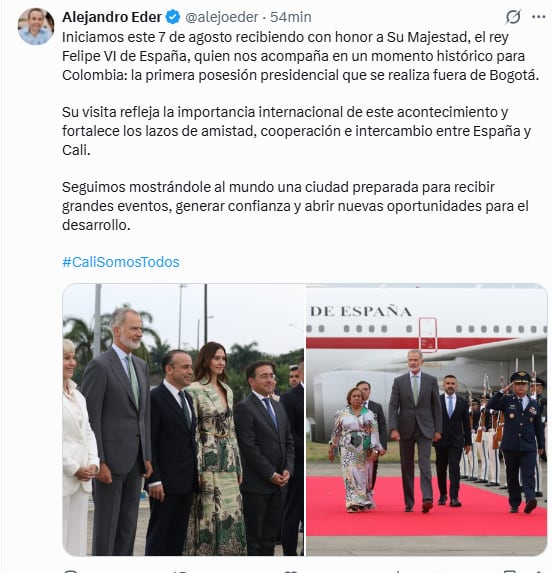 Para Eder, la asistencia del monarca español a la posesión presidencial demuestra la magnitud del evento - crédito @alejoeder/X