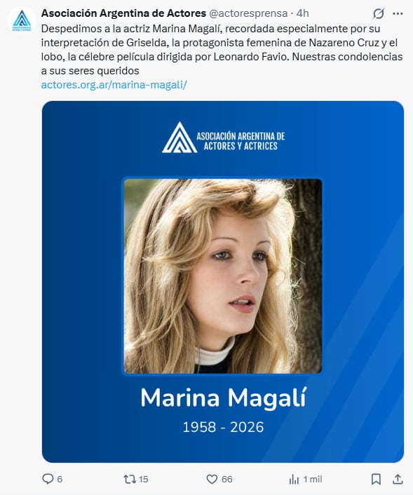 El posteo de la Asociación Argentina de actores, despidiendo a Marina Magalí a los 68 años
