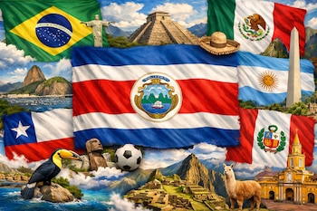 Collage de banderas de Costa Rica, Brasil, México, Argentina, Chile y Perú, con sus monumentos, animales y elementos culturales.