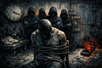 Ilustración conceptual oscura de una persona atada en una silla con la cabeza gacha, observada por cuatro figuras encapuchadas. Se ven un reloj, billetes y un celular vibrando.