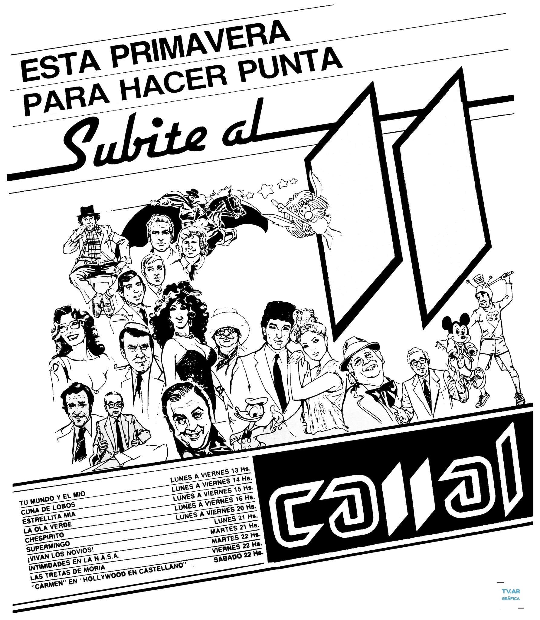 Una publicidad en blanco y negro de Canal 11 presenta a diversos personajes televisivos y detalla la grilla de programas para la temporada de primavera, con énfasis en ciclos como Las Tretas de Moria