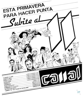 Póster en blanco y negro con texto, lista de programas de televisión y horarios, ilustraciones de personajes de televisión y animación, logo de Canal 11