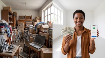 Imagen dividida. Izquierda: habitación con muebles, bicicletas, ropa, celulares, laptops y cajas. Derecha: persona sonriente con billetes y un teléfono móvil que muestra una venta.
