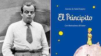 Una imagen dividida muestra en blanco y negro a un hombre con camisa y corbata y, a la derecha, la portada azul del libro El Principito