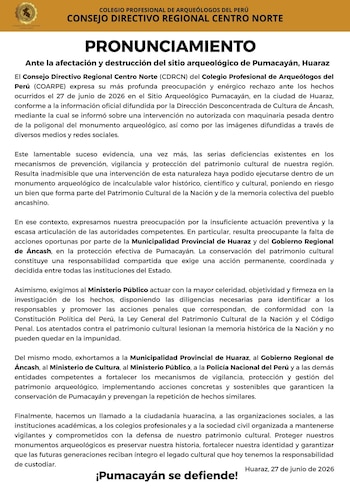 Comunicado del COLEGIO PROFESIONAL DE ARQUEÓLOGOS DEL PERÚ