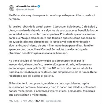 Con este mensaje, el expresidente Álvaro Uribe Vélez le salió al paso al mandatario Gustavo Petro, por sus acusaciones sobre supuestos nexos por paramilitares - crédito @alvarouribevel/X