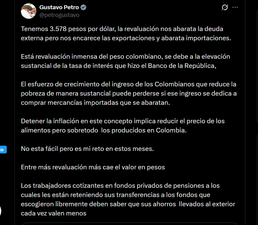 Gustavo Petro advierte que el bajo precio del dólar reduce la deuda externa de Colombia al tiempo que encarece las exportaciones - crédito X