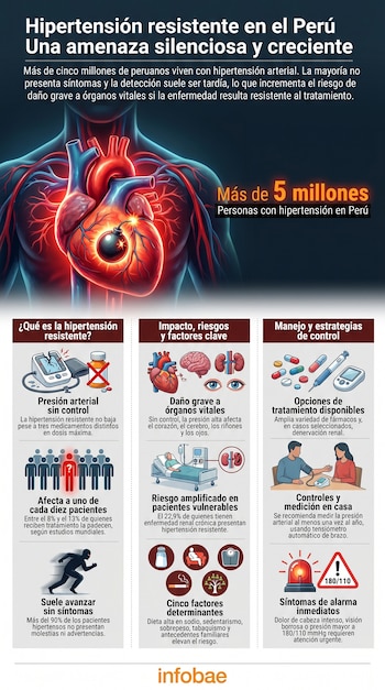 Infografía ilustra la hipertensión resistente en Perú con un corazón y una bomba, junto a gráficos sobre síntomas, impacto en órganos, tratamientos y factores de riesgo.