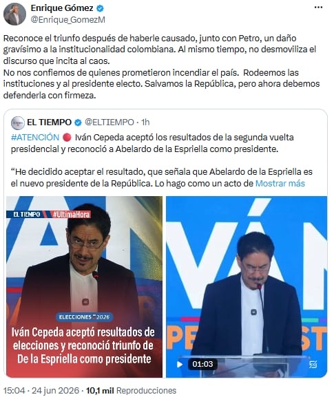 Líder de Salvación Nacional llamó a defender la República ante advertencias sobre posibles agitaciones - crédito @Enrique_GomezM/X