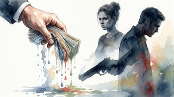 Ilustración en acuarela: una mano suelta billetes que se disuelven en gotas de color. Al fondo, una mujer, un hombre y una silueta de pistola difusa.