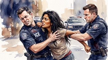 Ilustración en acuarela de una mujer que se resiste al agarre de dos agentes uniformados con la inscripción ICE en una calle.