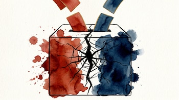 Ilustración de una urna electoral estilizada, partida verticalmente por una grieta negra. La mitad izquierda es roja, la derecha azul. Votos rojos y azules caen en sus respectivos lados. Fondo blanco con textura de papel.