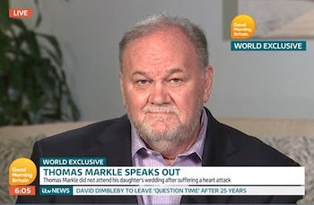 18/06/2018 Dos meses después del enlace del año, la boda de Meghan Markle y el Príncipe Harry, el padre de la ya Duquesa de Sussex, Thomas Markle, ha concedido una entrevista al programa 'Good Morning Britain', del canal ITV. En la entrevista el padre de Meghan ha confesado que le dolió mucho no poder acompañar a su hija al altar pero se sintió muy honrado cuando la acompañó el Príncipe Carlos
EUROPA ESPAÑA SOCIEDAD
CAPTURA DE PANTALLA 'GOOD MORNING BRITAIN'