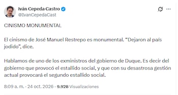 El senador del Pacto Histórico recordó que el alto funcionario fue ministro de Hacienda durante el periodo presidencial de Iván Duque cuando ocurrió el estallido social en 2021 - crédito @IvanCepedaCast/X