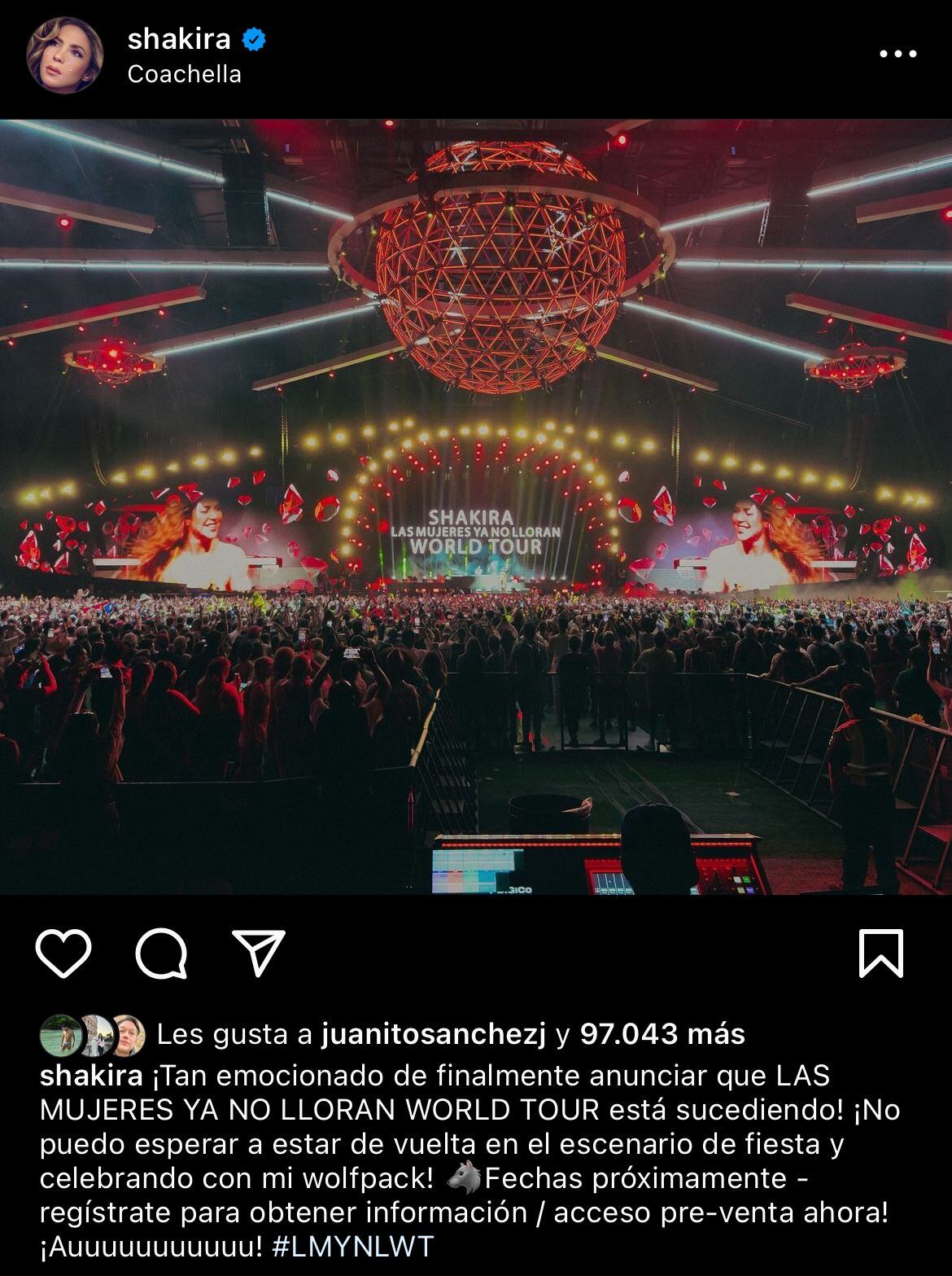 Shakira confirmó en su cuenta de Instagram la realización de una gira mundial con su
