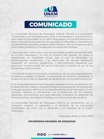 Universidad Nacional de Moquegua (UNAM) anuncia suspensión de clases por paro indefinido en Moquegua.