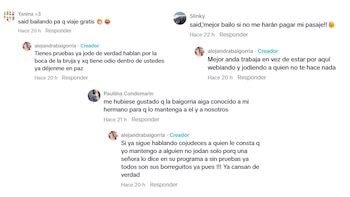 Capturas de pantalla con mensajes de usuarios y respuestas escritas por la cuenta de Alejandra Baigorria