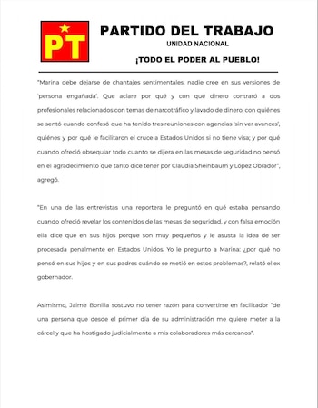El posicionamiento del partido se sustenta en declaraciones públicas y filtraciones difundidas desde junio, en medio del choque con Jaime Bonilla y tras la cancelación de la visa estadounidense a la gobernadora