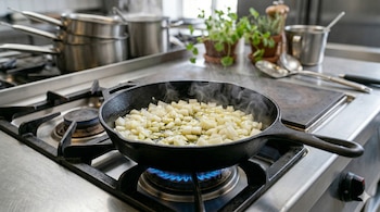 La cebolla cabezona blanca, al ser sofrita primero, aporta profundidad y suavidad al sabor final de la crema - crédito Visuales IA Infobae