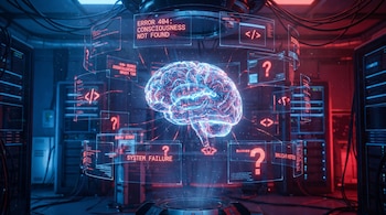 Cerebro digital azul brillante con circuitos rojos flotando en un laboratorio futurista. Pantallas holográficas muestran 'ERROR 404: CONSCIOUSNESS NOT FOUND' y 'SYSTEM FAILURE'.