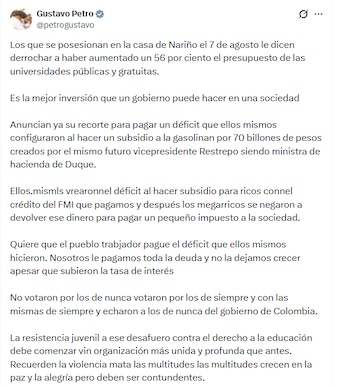 El presidente de la República sostuvo que el aumento de los recursos a instituciones de educación superior no fue un gasto prescindible, catalogándolo como una decisión de política pública - crédito @petrogustavo/X