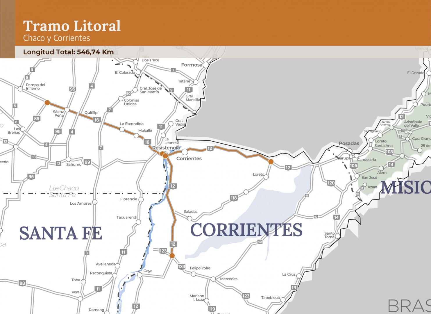 El mapa ilustra el Tramo Litoral, uno de los segmentos clave bajo licitación en la etapa 3 de la Red de Concesiones Viales, conectando las provincias de Chaco y Corrientes con una longitud total de 546,74 km. (Vialidad Nacional)