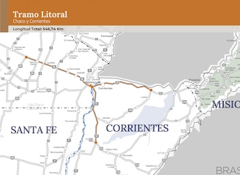 Mapa vial de Argentina resaltando el "Tramo Litoral" entre Chaco y Corrientes. Muestra rutas, ciudades principales y provincias vecinas como Formosa, Santa Fe y Misiones