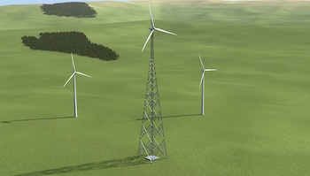 Vista aérea de un parque eólico con tres aerogeneradores, uno con torre de celosía y dos con torres blancas, en un campo verde con colinas y árboles