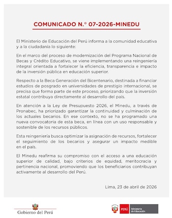 El Ministerio de Educación emitió un comunicado sobre la cancelación de la Beca Generación del Bicentenario - Créditos: @MineduPeru.