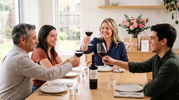 Cuatro personas sentadas a una mesa de madera brindan con copas de vino tinto frente a una botella, con flores y regalos al fondo.