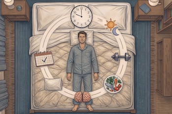 Ilustración cenital de una persona durmiendo en cama con un reloj, sol, luna, mancuerna, plato de comida sana, cerebro, almohada y calendario marcando un ciclo.