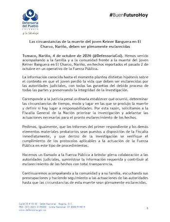 La Defensoría del Pueblo solicitó a la Fiscalía que acelere las diligencias para esclarecer el procedimiento de la fuerza pública - crédito Defensoría