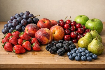 Variedad de frutas frescas: uvas, fresas, nectarinas, melocotones, cerezas, manzanas verdes, moras, arándanos y peras, con pequeñas gotas y manchas, sobre mesa de madera clara.