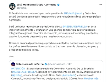 José Manuel Restrepo se pronunció luego de ser incluido en la delegación del Gobierno electo de Abelardo de la Espriella para ir a la posesión de Keiko Fujimori - crédito @jmrestrp/X