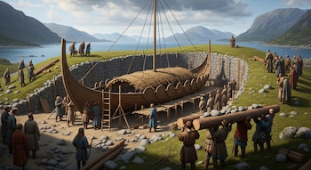 Un gran barco de madera con mástil y techo de paja dentro de una fosa de piedra, rodeado por decenas de personas que transportan troncos y rocas.