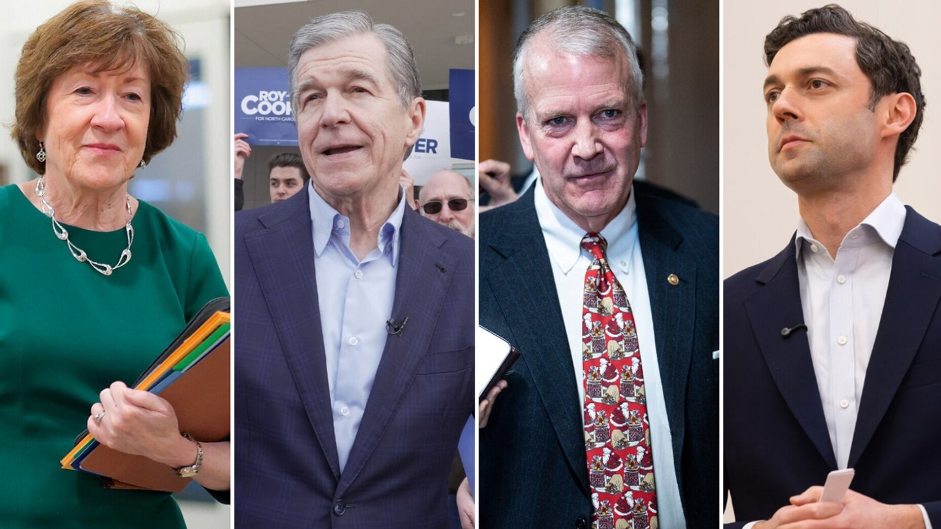De izquierda a derecha: Susan Collins, Roy Cooper, Dan Sullivan y Jon Ossoff, candidatos en las elecciones al Senado de 2026. (Getty Images; AP; The Washington Post)