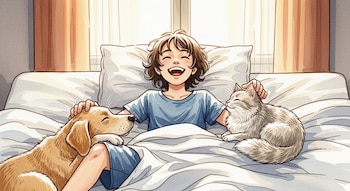 Ilustración en acuarela de una persona joven sonriendo en la cama con un perro a su izquierda y un gato a su derecha; la luz entra por la ventana.
