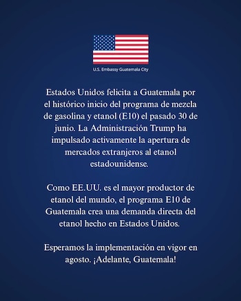 Bandera de Estados Unidos. Texto 'U.S. Embassy Guatemala City'. Párrafos en español sobre el inicio de un programa E10 de gasolina y etanol en Guatemala
