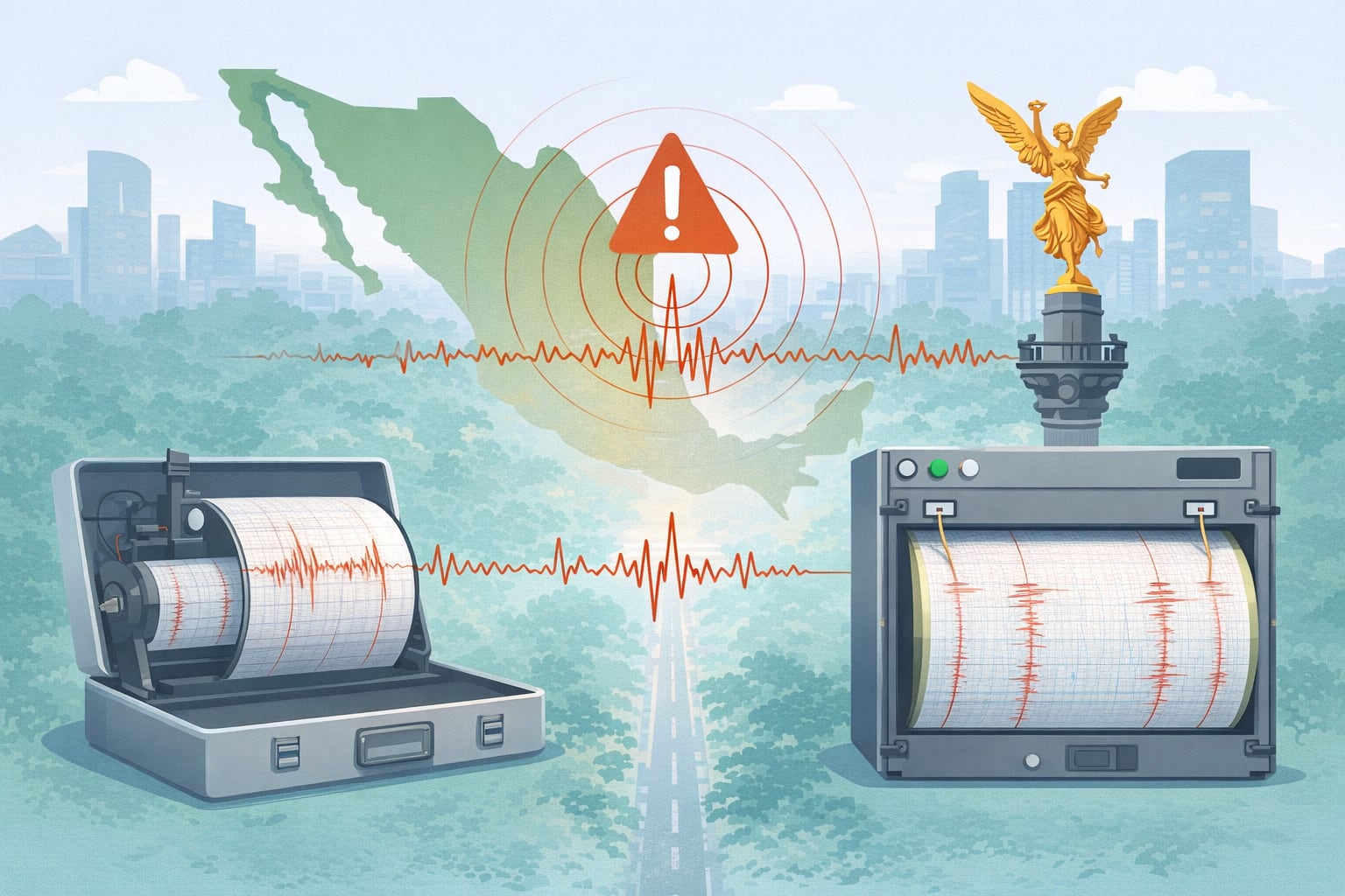 Ilustración de dos sismógrafos registrando actividad sísmica con el mapa de México y el Ángel de la Independencia de fondo, simbolizando las alertas diarias de sismo en el país. (Imagen Ilustrativa Infobae)