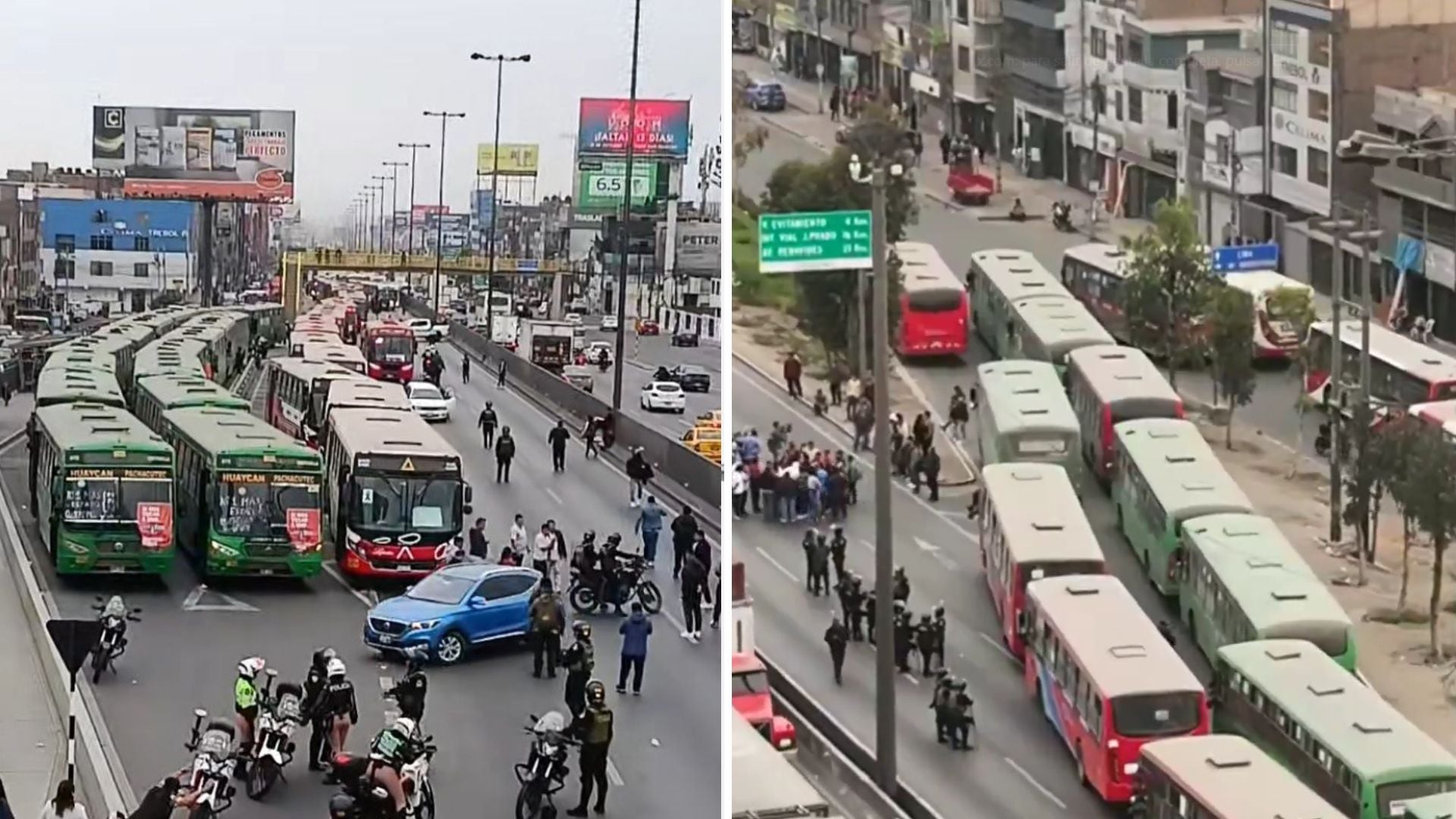 Con sus propios buses, los transportistas vienen bloqueando algunas vías principales de Lima Metropolitana hoy lunes 6 de octubre.
