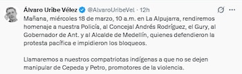 El exjefe de Estado pidió a las comunidades aborígenes del país no caer en la manipulación de Gustavo Petro e Iván Cepeda - crédito @AlvaroUribeVel/X