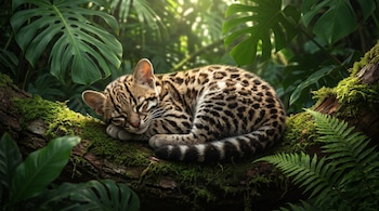 Ocelote durmiendo sobre una rama de árbol cubierta de musgo. Hojas grandes de plantas tropicales y helechos con luz solar filtrada.
