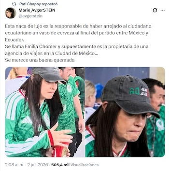 Tuit reposteado por Pati Chapoy con texto en español y dos fotos de una mujer con gorra oscura y camiseta verde y blanca, sosteniendo un vaso rojo